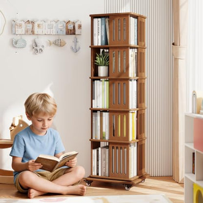 Baoz 60" Tall Rotating Bookshelf Tower, 5 Tier Walnut Spinning Bookcase