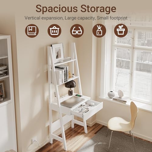 Haotian Ladder Desk with Power Outlet | Narrow Bookshelf Desk with Drawer and Shelves, Compact Secretary Desk for Small Spaces, Bedroom, Home, Office - size: Ladder Desk with Power Outlet