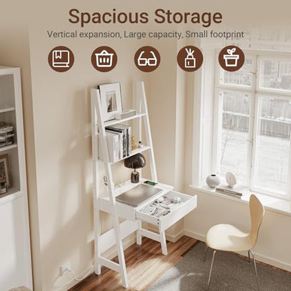 Haotian Ladder Desk with Power Outlet | Narrow Bookshelf Desk with Drawer and Shelves, Compact Secretary Desk for Small Spaces, Bedroom, Home, Office - size: Ladder Desk with Power Outlet