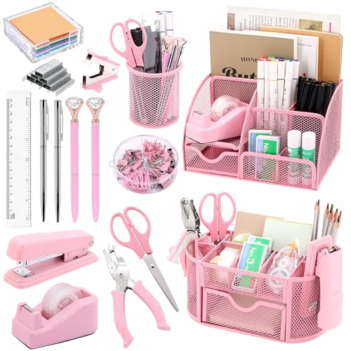 17 IN 1 Office Desk Organizer Set for Back to School Supplies Accessories - color: Pink
