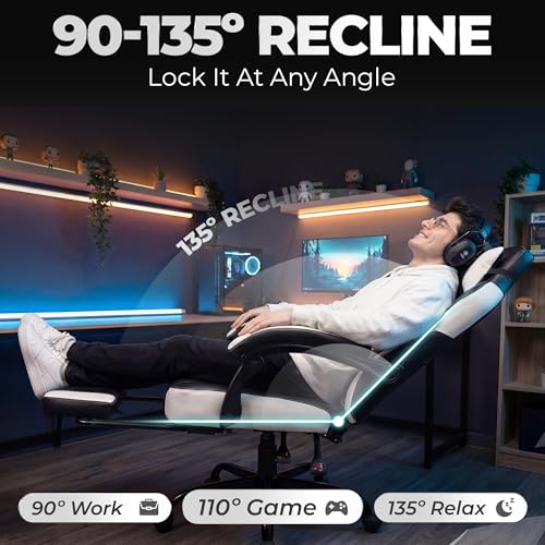 N-GEN GAMING Gaming Chair Big and Tall Computer Heavy Duty Office Desk Chair with Footrest Ergonomic Lumbar Support High Back Recliner for Adults (White) - color: White