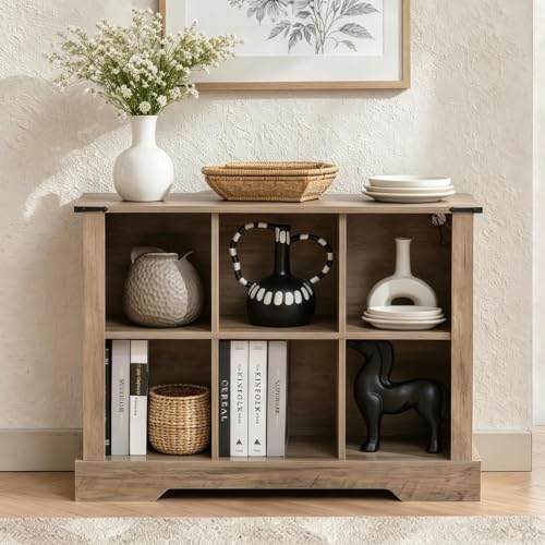 6 Cube Storage Organizer Bookshelf 2 Tier, Grey | with LED Lights, Wood Vintage Design, Home Office Use, Cubby Bookcase, Living Room & Bedroom - color: Grey, size: 6