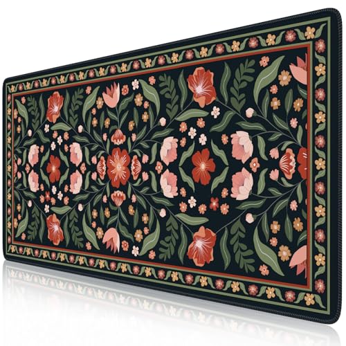 iLeadon Cute Desk Cover Mat, Large Floral Desk Pad for Keyboard and Mouse | Extended Desk Mat with Stitched Edges, Soft Large Gaming Mouse Pad, Non Slip Desks Blotter Mat for Office Home, Black - color: Rose Pink