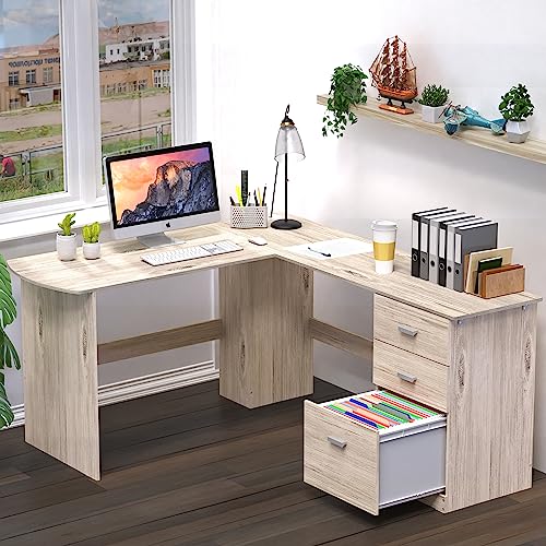 SHW L-Shaped Home Office Wood Corner Desk w/Box Box File Drawers, Maple | 51 x 59 Inches | 2 Pre-installed Grommets - color: Maple