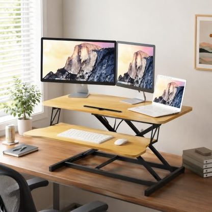 32" Height Adjustable Sit Stand Desk Converter, Dual Monitor Laptop Riser, Black (Desk Converter (Natural)) - color: Desk Converter (Natural)
