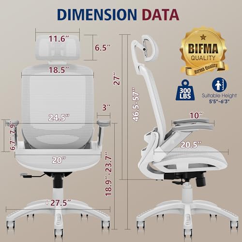 GABRYLLY Ergonomic Office Chair, High Back Home Desk Chair with Headrest, Flip-Up Arms, 90-120° Tilt Lock and Wide Cushion, 300LBS Mesh Chairs for Man Woman, White Task Chair(Grey,GY01WG) - color: White Frame Grey Mesh