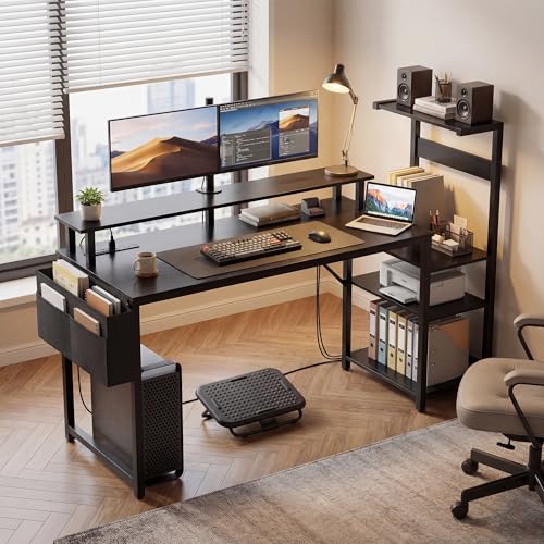 Apicizon 54 Inch Gaming Desk with LED Setup Style, Large Computer Desk with Storage Shelves & Dual Monitor Stand, Reversible Workstation for Small Space, Home Office Desk with Side Pocket - size: 54inch