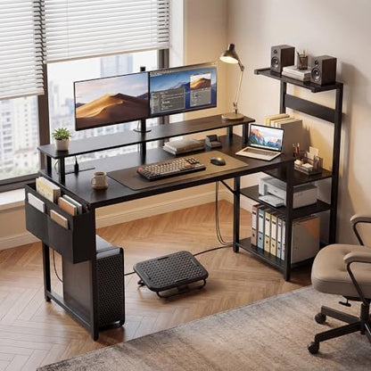 Gaming Desk 54 Inch Computer Table with Storage Shelves & Monitor Stand | LED Setup Style, PC Tower Stand, Reversible Workstation, USB Charging Port, for Home Office Desk, Bedroom, Dorm, Black - size: 54inch