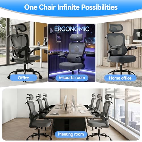 AreShark Ergonomic Office Chair, Desk Chair with Adjustable Lumbar Support | High Back Breathable Mesh Computer Chair with Adjustable Headrest,Hanger,Flip Up Armrest and Rocking Function for Home Office - color: Dark Gray