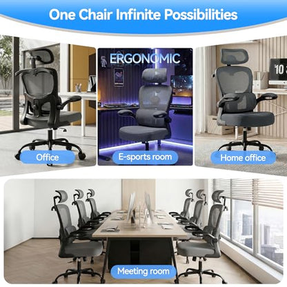 AreShark Ergonomic Office Chair, Desk Chair with Adjustable Lumbar Support | High Back Breathable Mesh Computer Chair with Adjustable Headrest,Hanger,Flip Up Armrest and Rocking Function for Home Office - color: Dark Gray