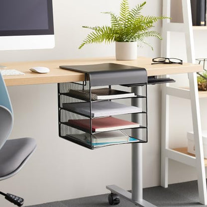Safco Onyx Hanging Under Desk Organizer, 4 Trays, Office and Classroom Mailbox , Paper and Mail Sorter, Steel Mesh, Black - style: 4 Tray Under Desk Mounted