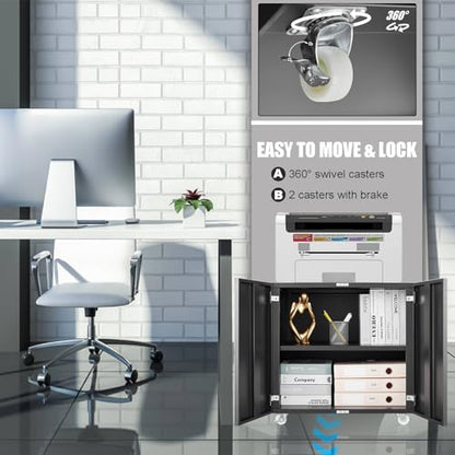 Metal Fridge Printer Stand Cabinet with Storage and Wheels, Black - color: Black - 24''wx24''dx24''h