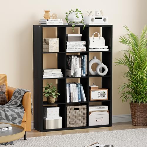 VDNEND Cube Storage Organizer Bookcase, Decorative 11 inch Open Back Cubical Shelf with Thickened Border, Display Bookshelf for Living Room, Home Office, Sturdy Room (Black, 12 Cube) - color: Black, size: 12 Cube,Standard