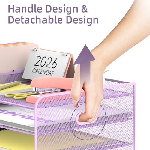 SUPEASY Mesh Desk Organizer with File Holder, 5-Tier Paper Letter Tray Organizer with Magazine Holder, Desktop Organizer and Storage with Drawer for Office Supplies Home or School (Purple) | Two side magazine holders and a bottom drawer store papers, fold