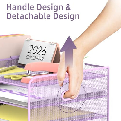 SUPEASY Mesh Desk Organizer with File Holder, 5-Tier Paper Letter Tray Organizer with Magazine Holder, Desktop Organizer and Storage with Drawer for Office Supplies Home or School (Purple) | Two side magazine holders and a bottom drawer store papers, fold