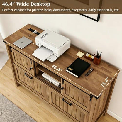 Farmhouse File Cabinet with Built-in Outlets, Rustic Brown | Filling Cabinet Printer Stand with 2 Large Drawers for Legal/ A4 /Letter Size, Home Office, Living Room, Entry Cabinet - color: Nature