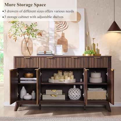 T4TREAM 60 Inch Fluted Buffet Sideboard Cabinet, Dark Walnut | Modern Coffee Bar Storage Cabinet With 3 Drawers & 4 Doors, for Dining Room, Living Room, Hallway, Adjustable shelves - color: Dark Walnut