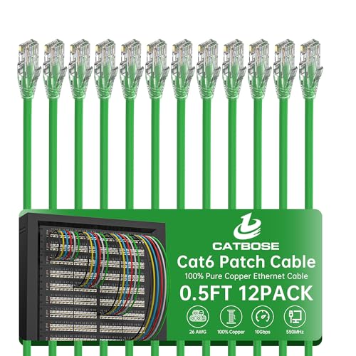 0.5 Foot Cat6 Patch Cables(12 Pack), Solid Pure Copper Patch Cord, Cat 6 Ethernet Cable, UTP Network, High Speed RJ45 Internet Cables, Compatible for Router, Switche, PC, Server, PS4/5, Xbox - Green - color: Green, size: 0.5FT, style: 12 Pack