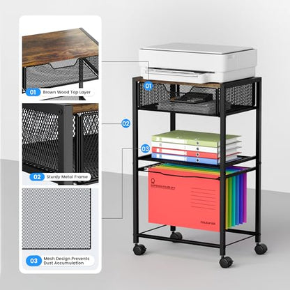 Cawukege 3 Tier Printer Stand, Small Mobile Table with Wheels, Printer Shelf Rolling Cart with Storage Desk Organizer Hanging File for Office Home, Brown - color: Brown