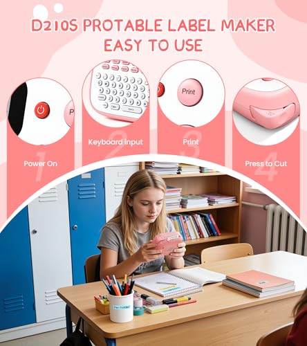 D210S Label Maker Machine with Tapes, Pink Label Maker Waterproof-Labels, Desktop Labeler with 4PK Tapes Laminated White for Home Kids School Supplies, Keyboard Labeler with 16 Fonts 800+ Icons - color: Pink, style: label maker with 4 tapes