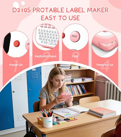 D210S Label Maker Machine with Tapes, Pink Label Maker Waterproof-Labels, Desktop Labeler with 4PK Tapes Laminated White for Home Kids School Supplies, Keyboard Labeler with 16 Fonts 800+ Icons - color: Pink, style: label maker with 4 tapes