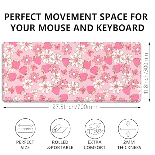 Strawberries and Flowers Extended Desk Pad Mouse Pad,Large Gaming Butterfly Floral Mouse Mat with Stitched Edges,Non-Slip Rubber Base Mousepad for Office PC Keyboard Laptop Home - color: Pink Butterfly Strawberry Flower
