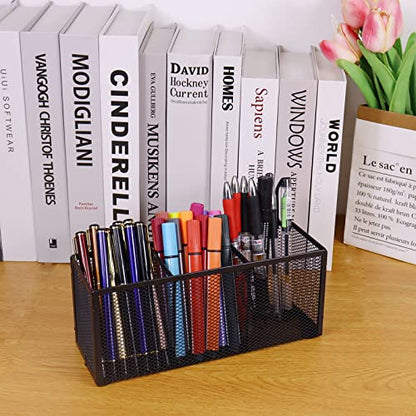 2PCS Black Mesh Pen Pencil Holder, Small Metal Desk Organizer Desktop Stationery Office Supplies Acessories Storage Stand, 3 Compartments Brushes Holder for Home School Classroom Teachers - size: 2pcs 3 Grids