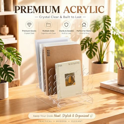 AmazingSpark Acrylic File Organizer for Desk, 5-Slot Acrylic File Sorter with Scalloped Edge, Clear Desktop Holder for Folders, Documents, Notebooks, Clipboards and Mail for Home, Office and School