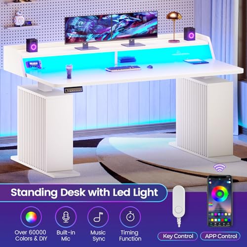 SEDETA Standing Desk with Storage, 55" Fluted Stand Up Desk with Power Outlets & LED Lights, Height Adjustable Table with Monitor Shelf for Home Office, Gaming, White - color: White