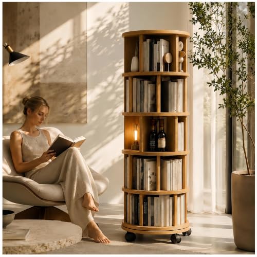 Solid Wood Rotating Round Bookshelf Towers with Wheels, Natural Revolving Bookcase 5 Tier 360° Wooden Book Shelf tall bookshelves, Narrow Rolling dvd Storage Rack,book storage,space saving (Natural - color: Natural Color, size: 5 Tier, 66.1"H