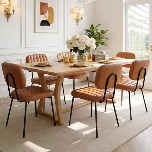 OLIXIS Dining Chairs Set of 6, Mid Century Modern Kitchen Chairs | Faux Leather Cushion Seat, Metal Legs Backrest, Living Room Home Office Bedroom, Brown - color: Blown, size: Set of 6