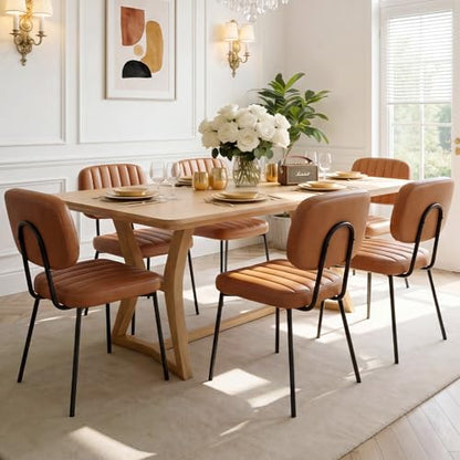 OLIXIS Dining Chairs Set of 6, Upholstered Kitchen Chairs, Brown | Faux Leather Comfortable Cushion Seat, Metal Legs with Backrest, Mid-Century Modern, Easy Assembly, Dining Room Home - color: Blown, size: 6 PCS