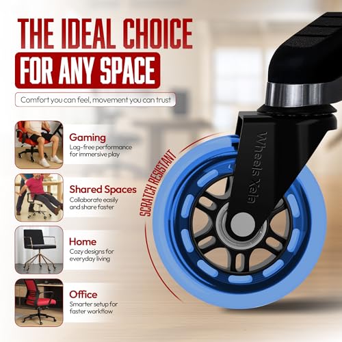 Office Chair Wheels Replacement, 3 Inch Caster Wheels Rollerblade Desk Chair Wheels for Carpet Hardwood Floors, Heavy-Duty Desk Chair Casters, Fits 98% Chair Set of 5 - color: Blue Pack of 5