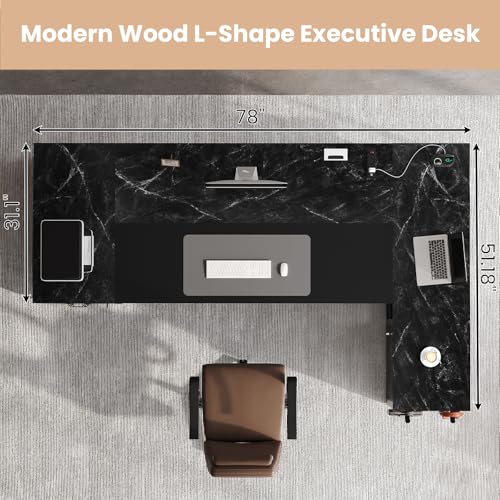 78" Executive Desk with Lockable File Cabinet, L Shaped Office Desk with Power Outlets, Large Executive Desk with Drawers and Storage Shelves, Reversible Computer Desk, Marble Grain - color: Marble Grain