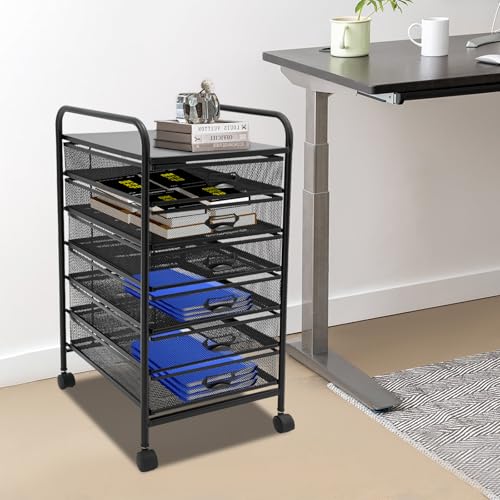 Rolling File Cabinet with 6 Drawers, Filing Cart Under Desk Storage Office Organizer with Table Top & Wheels, Utility Cart File Folder Printer Stand, L11.8×D15×H24.4in, Black - size: 6 Tier