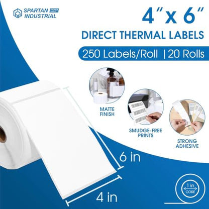 4" X 6" Direct Thermal Labels (5000 Count, 20 Rolls) - Printable - size: 4" X 6" (20 Rolls)