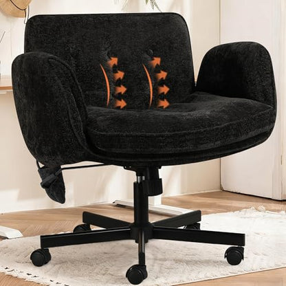 Criss Cross Chair with Lumbar Airbag & Folding Arms Relieve Back Pain, Wide Cross Legged Office Chair for Home Office, Comfy Swivel Desk Chair with Wheels, 5 Level Adjustable Armrest, Chenille(Black) - color: Black, style: With Airbag Lumbar Support