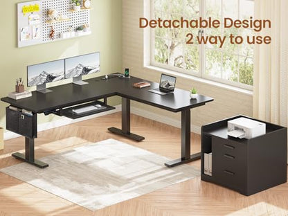 SEDETA L Shaped Electric Standing Desk with File Cabinet, 63 x 53'' Height Adjustable Home Office Computer Desk with Drawers, Power Outlet, Stand up Gaming Table with Led Lights, Keyboard Tray, Black - color: Black, size: 63 x 53'' L Shaped Standing Desk