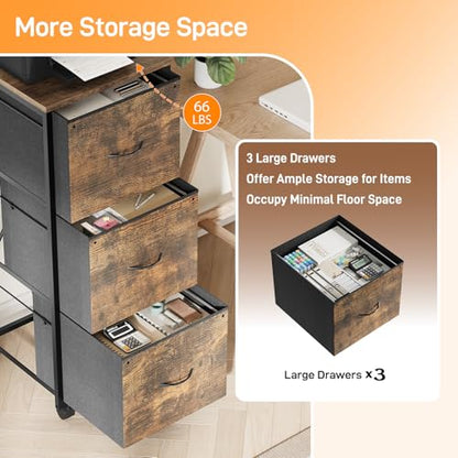 VINGLI 3 Drawer File Cabinet 34.8” Height, Rolling File Cabinet Mobile Tall File Cabinet with Wheels, Fabric Drawers Printer Stand for Home Office, Fits Letter Size, Rustic Brown - color: Rustic Brown, size: High 3 Drawers
