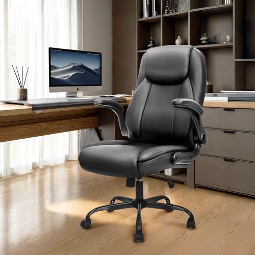 NEO CHAIR Office Desk Chair, High Back PU Leather with Flip-up Arms, Black | Ergonomic Tall Computer Desk Chair Comfy, Height Adjustable, Swivel Rolling Wheels for Office Home Gaming Study - color: Black
