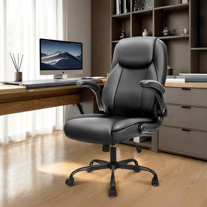 NEO CHAIR Office Desk Chair, High Back PU Leather with Flip-up Arms, Black | Ergonomic Tall Computer Desk Chair Comfy, Height Adjustable, Swivel Rolling Wheels for Office Home Gaming Study - color: Black
