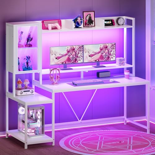 SEDETA 60'' Gaming Desk with Storage, Hutch, Display Cabinet and LED Lights - color: White