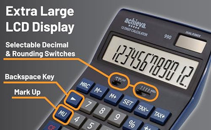 Achieva 12-Digit LCD Display Desktop Calculator | Blue | Mark Up Key, Selectable Decimal & Rounding Switches | Dual Solar/Battery Power | for Home, Office, School (990) - color: Blue