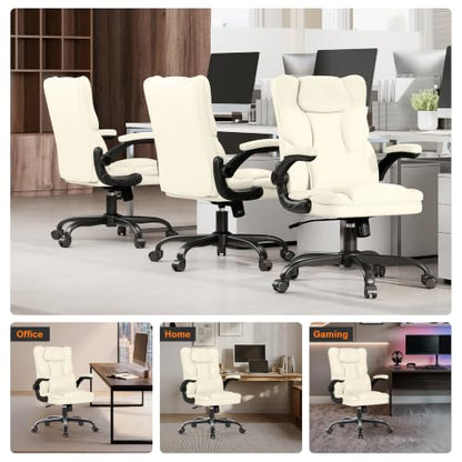 Executive Office Chair Flip Up Arms Lumbar Support Home Office Desk Chair - color: Cream