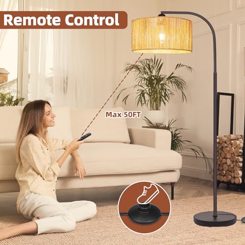Brilvibera Boho Floor Lamp with Dimmable Bulb Rattan Double Shade Lamp | Stepless Dimmable Bulb and Remote Control, Bronze Rustic Farmhouse Floor Lamps for Living Room, Bedroom, Office, Classroom - style: Retro-Bronze