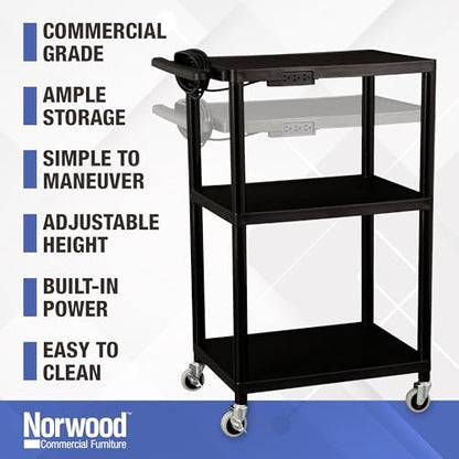 Norwood Commercial Furniture Mobile Utility AV Cart with Power Strip and Casters, Rolling Presentation and Media Cart on Wheels, Black
