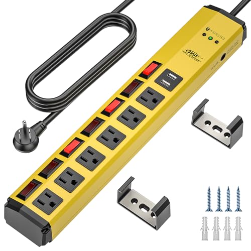 CRST 6 Outlet Metal Power Strip with 2 USB (3.4A) & Individual Switches - color: Yellow+2USB-6FT, size: 6FT