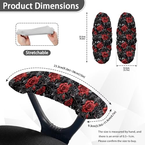 Rose Spider Web Print Office Chair Armrest Covers, Dust-Proof Stretchy Rotating Chair Arms Protector, Soft Armrest Covers Skin Friendly Office Chair Armrest Slipcovers - color: Black and Red - Rose Spider Web