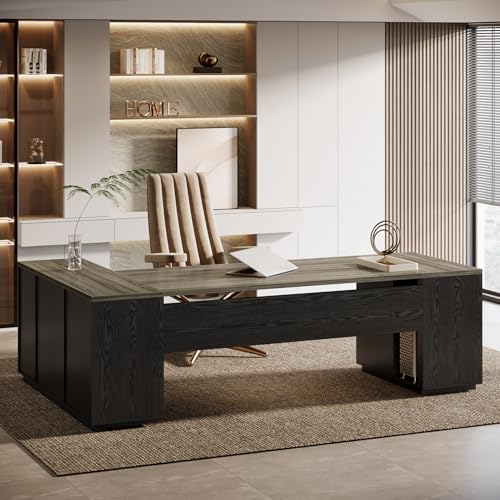 Tribesigns 85.8-Inch L-Shaped Executive Office Desk with File Drawers & Storage Cabinet, Professional Corner Computer Desk Extra Large Business Workstation with Adjustable Shelves (Gray&Black) - color: Gray&black