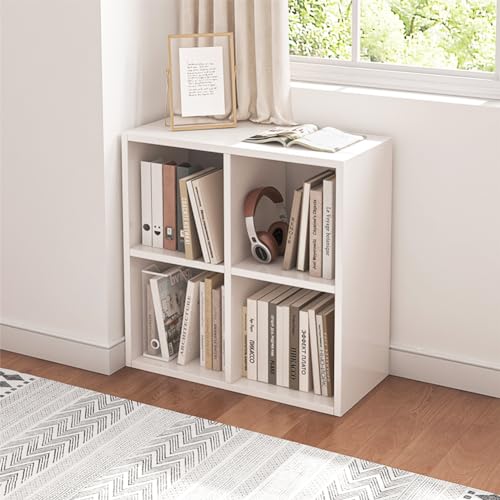 NELYE 4 Cube Organizer Bookcase White Open Shelf | Suitable for 11-inch Fabric Storage Bins, Simple Compartments Bookshelf, Holds 20 Lbs per Cube - color: White, size: 4-Cube
